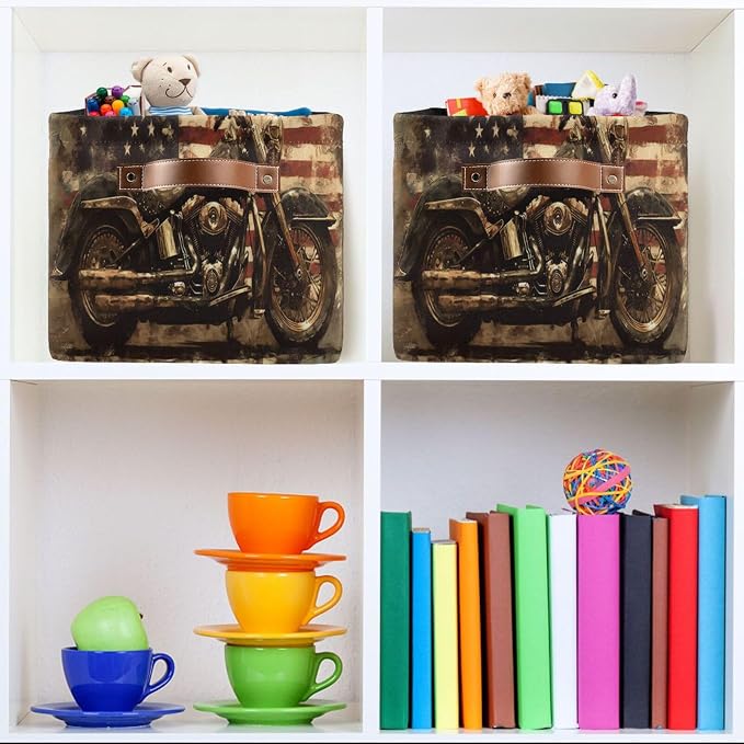 Kigai Motorcycle Flag Storage Basket with Handles Waterproof Collapsible Storage Bin Canvas Fabric Basket Decorative Box Closet Organizer for Nursery Bedroom Office
