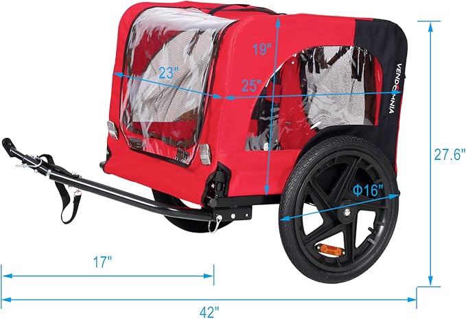 ZeHuoGe Pet Bike Trailer for Small to Medium Pets, Pet Cart Bicycle Wagon,23.62”x17.71” Roomy Cabin, Foldable & Portable, Universal Fit for 20”-29” Bikes