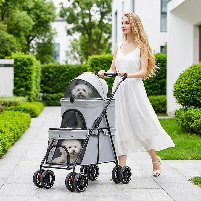 YYW Double Pet Stroller Foldable 2 Carriages Lockable Wheels Gray | Travel Strolling Cart, Top Detachable Carrier, Ideal for Multi-Pet Families, Small Dogs & Cats, Outdoor Walks & Vet Visit