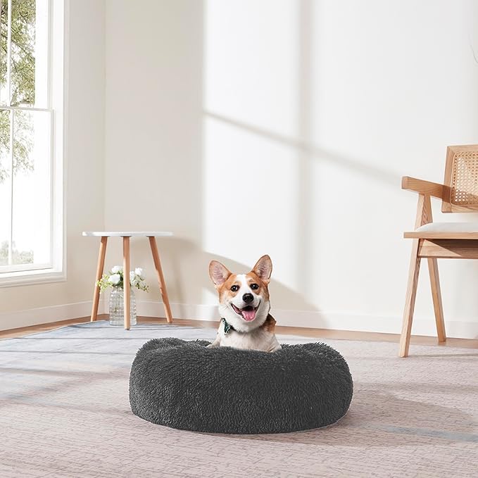 Dog & Cat Bed: Round Faux Fur Pet Bed - Plush, Cozy, & Calming Donut Bed for Small Pets - Soft & Comfortable Sleeping Cushion for Napping & Lounging, 20" Round, Dark Gray