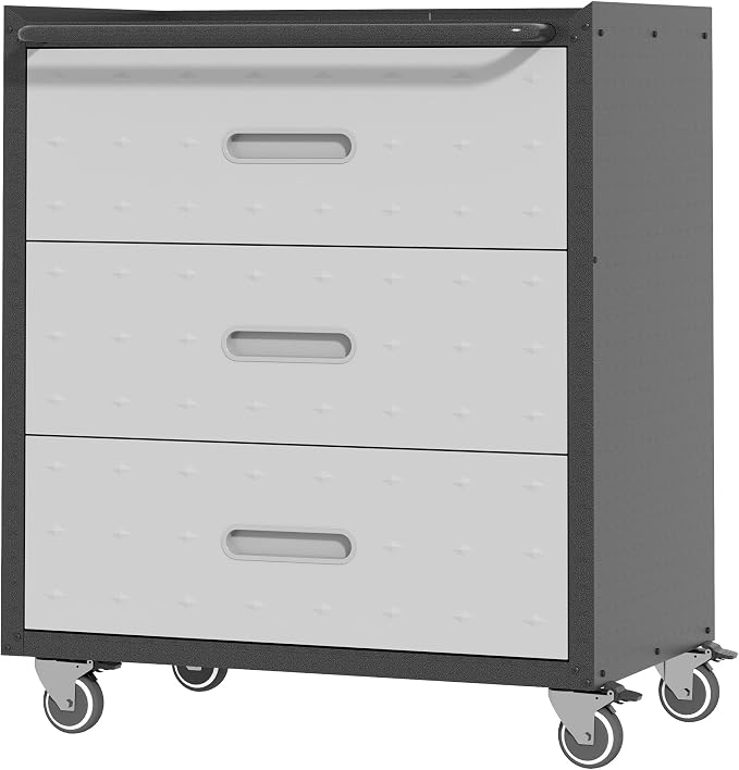 Metal Storage Cabinet for Garage, Tool Cabinet, Utility Cabinet | Wheeled, Rolling Tool Cabinet, 3 Drawer, Top Countertop, Assembly Required, Black & Grey