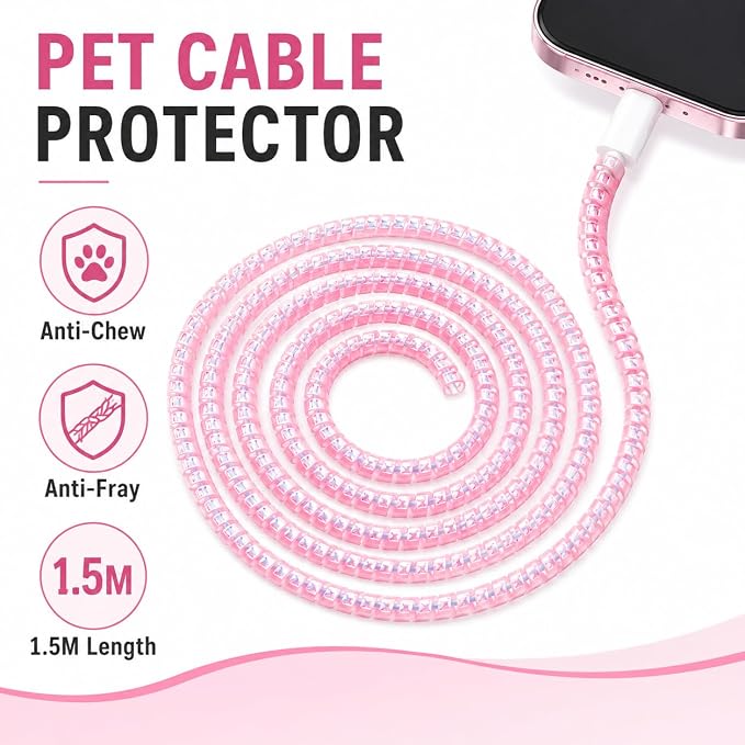 Cable Protector Animal Proof Wire Repair, Pink Cord Protector for Pets Headphone Saver Spiral Cable Wrap Strain Relief, Cord Sleeve for Phone Cable USB Date Cable