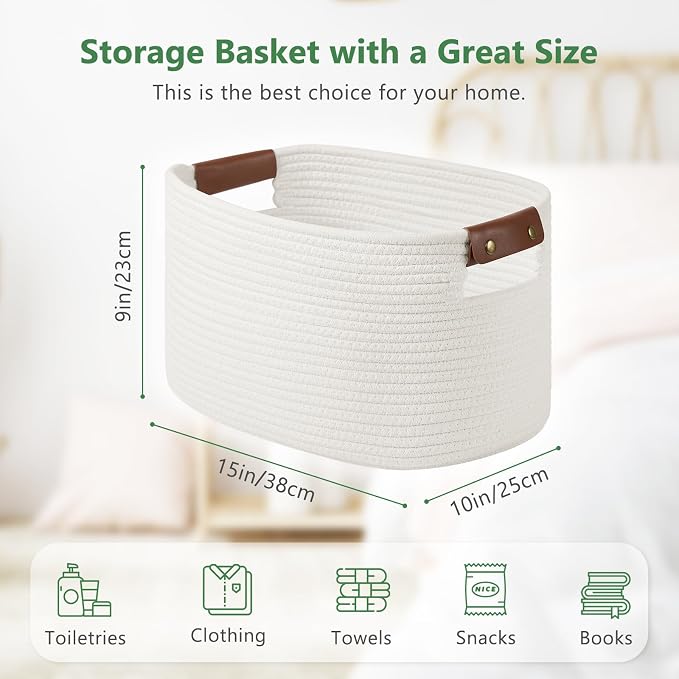 ECDYQXVU 15x10x9 Woven Cotton Rope Storage Basket, Leather Handles 1 Pack | Foldable Design, Sturdy PU Handles, Easy to Clean Organizer for Living Room, Closet, Shelves, Bedroom, Laundry, Clothes