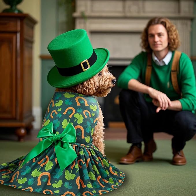 St. Patrick's Day Dog Costume Dress L, Green Clover and Horseshoe Print with Satin Bow, Pet Dress for 11-13 lbs Dogs and Cats, Festive Holiday Clothing