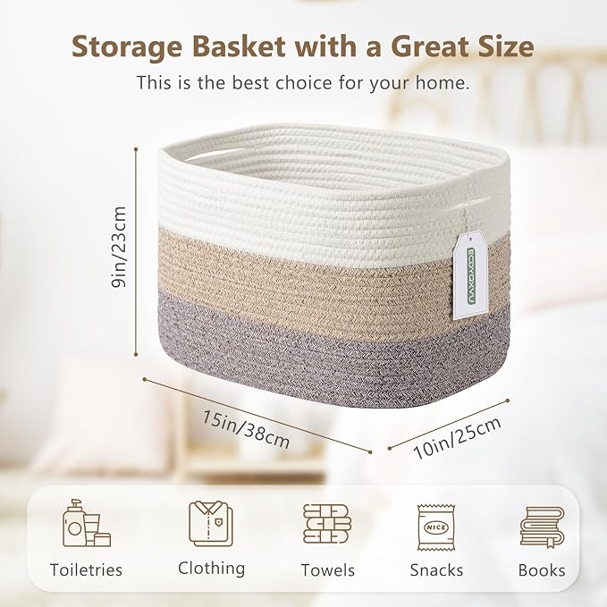ECDYQXVU 15x10x9 Inch Woven Cotton Rope Storage Basket, 1 Pack | Foldable Design, Built-in Handles, Space-saving Organizer for Living Room, Bedroom, Laundry, Shelves, Clothes, Towels