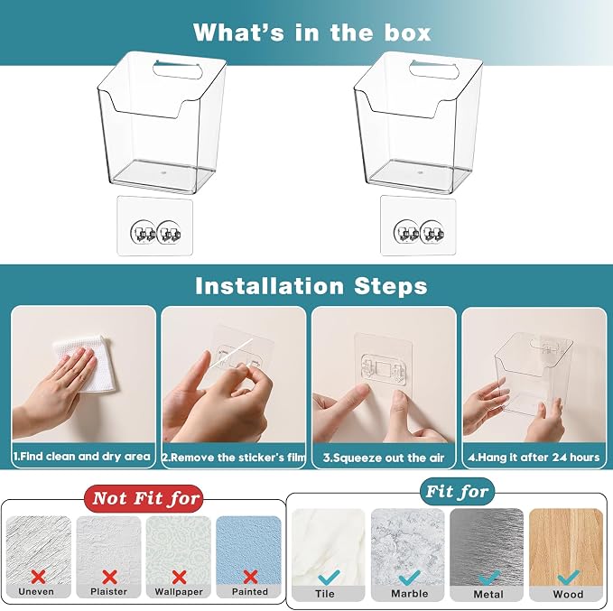 2-Pack Kitchen Cabinet Door Organizer Adhesive, Hanging Storage Bins, Stick on Wall Storage Container, Bathroom Floating Bins Wall Mounted Organizer Under Sink Caddy for Pantry Storage, Office, Dorm