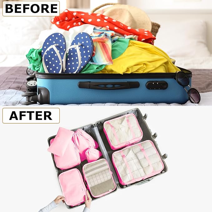 LANSKLBD 6/8 Set Packing Cubes for Suitcases Travel Luggage Packing Organizers,Travel Accessories Essentials Luggage Organizer with Shoe/Tioletry/Laundry Bag (Pink, 8 set)