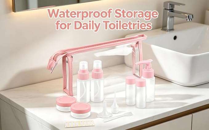 Travel Bottles Kit,11pcs TSA Approved Leak Proof Toiletry Container | PET plastic, leak-proof, TSA size, 40ml bottles, sprayers, jars, bag included, for lotion, shampoo, travel, gym