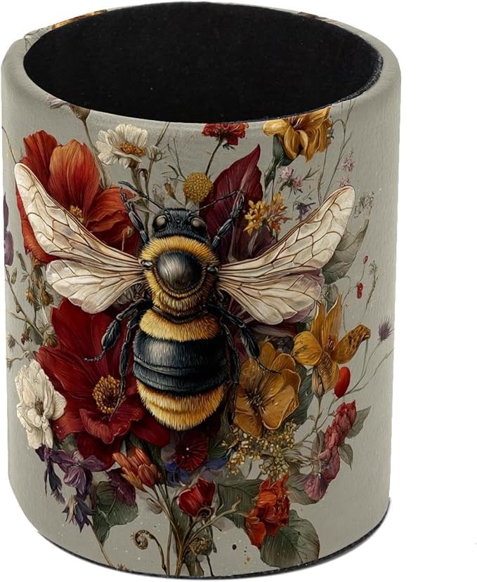 Faux Leather Pen Holder for Desk, Pencil Organizer Cute Bee Pen Cup Desk Decor Makeup Brush Holder Storage for Office Home