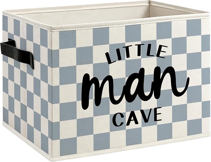 Little Man Cave Boys Foldable Storage Bins Box with Handles, Blue and White Checkered Decorative Storage Boxes Baskets Organizer for Kids Boys Playroom Nursery Room Bedroom Bathroom