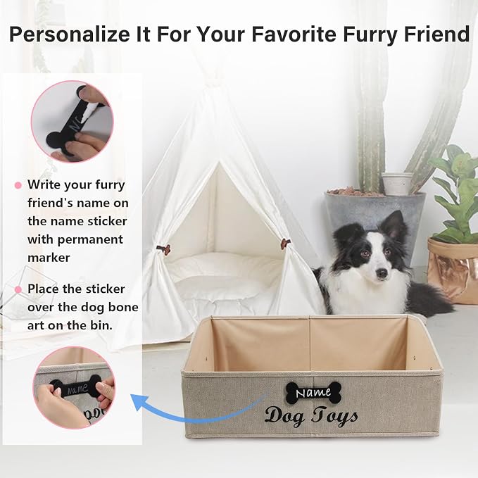 Large Dog Toy Basket Collapsible Dogs Toy Box Fabric Trapezoid Dog Toys Bin Storage for organizing pet Toys/Blankets/leashes/Rope Toys/Clothing-Can be Personalized-KhakiStripe