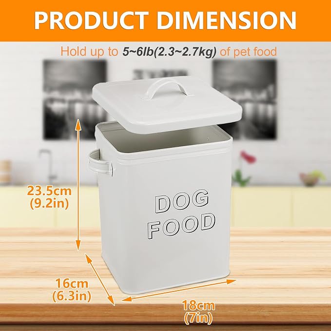Pethiy airtight Dog Treat container bin and DOG Food Storage Tin with Lid With Handle |4-5 lbs Capacity | Serving Scoop Included -White