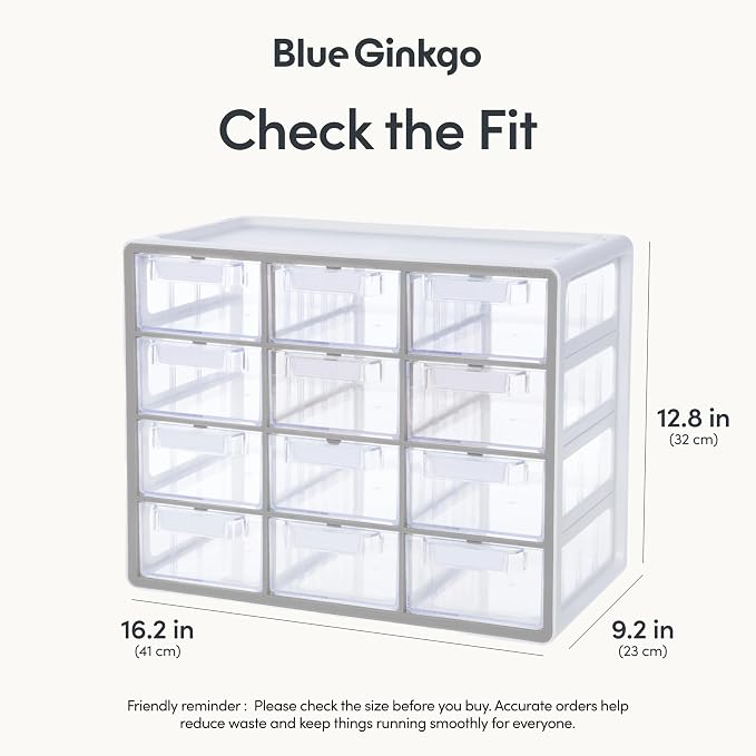 Blue Ginkgo 12-Drawer Storage Cabinet Organizer, Grey, Made in Korea | Stackable. Adjustable. Easy Visibility.