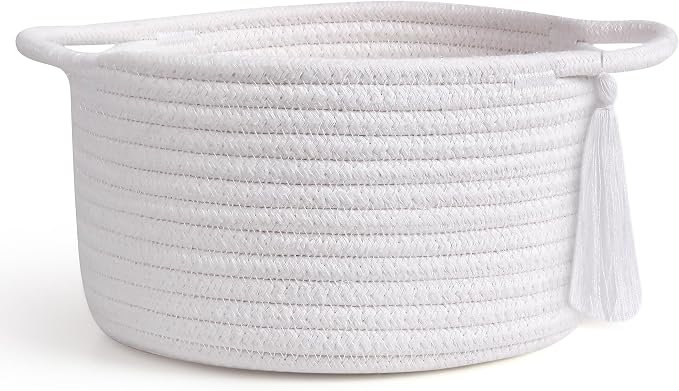 Small Gift Basket Empty to Fill with Gifts Bag & Ribbon, White | Cute Decorative Mini Woven Rope Basket with Handles for Gifting; Reusable for Bathroom Counter or Desk Catchall, 8 x 4.7 in