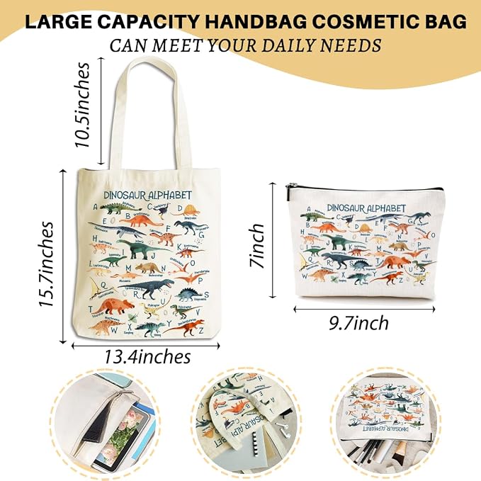 Cute Dinosaur Gifts Dinosaur Lovers Gift for Women Daughter Sister Girls Animals Lovers Birthday Christmas Canvas Tote Bag Makeup Bag Reusable Grocery Bags with Inner Pocket for Beach Shopping