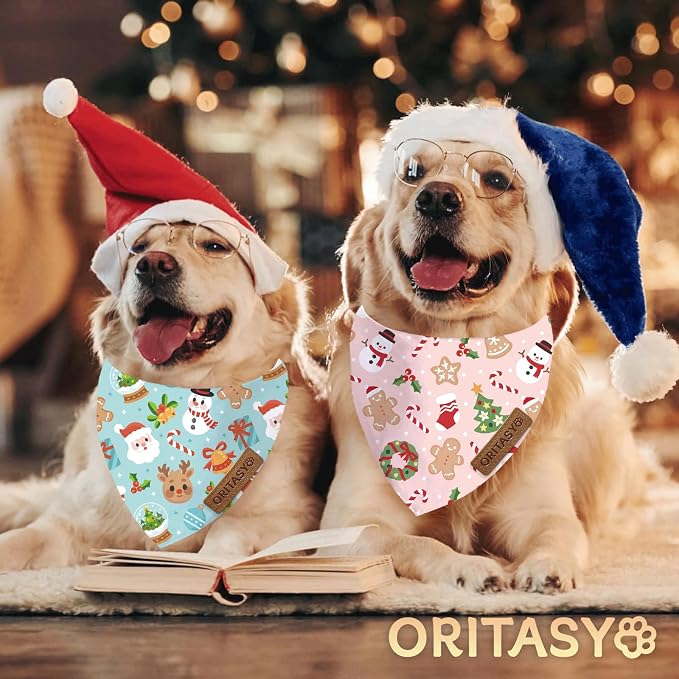 Pink Christmas Dog Bandanas, 2-Pack Triangle Reversible Snowman Gingerbread Man Pet Scarves, Premium Fabric, Santa Claus Bandana for All Boys Girls Dogs (Large, Style 1)