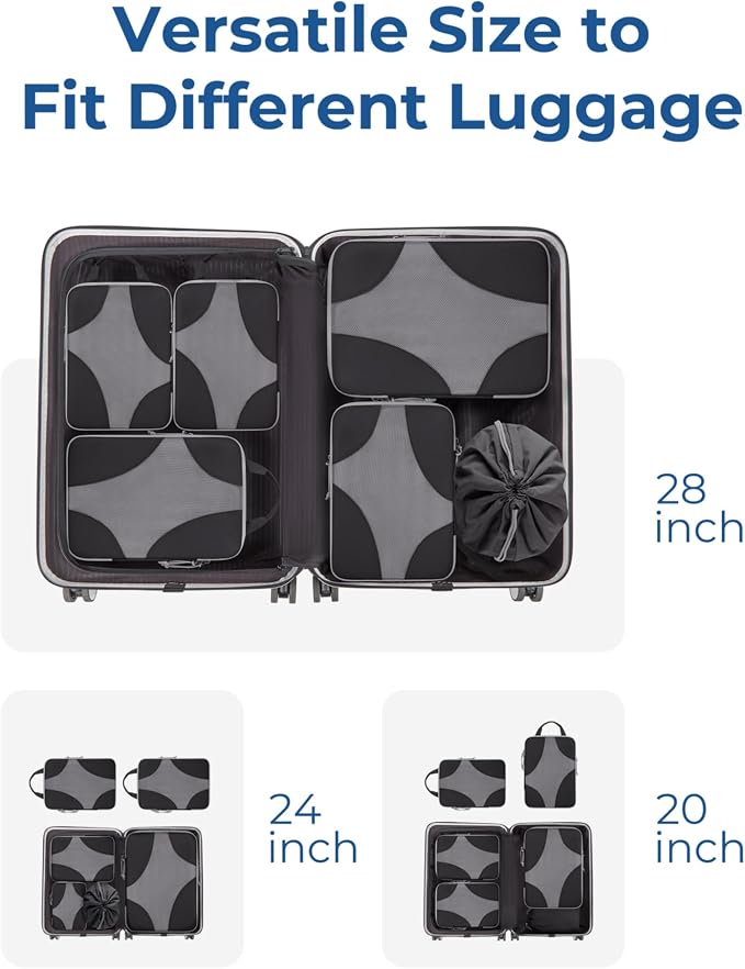 Bagsmart Compression Packing Cubes, Travel Bag Cruise Ship Essentials | Lightweight, Compressible Suitcase Organizer Set fit Standard Carry-On & Checked Luggage, 6 Set, 14 Set Washable Packing Bags