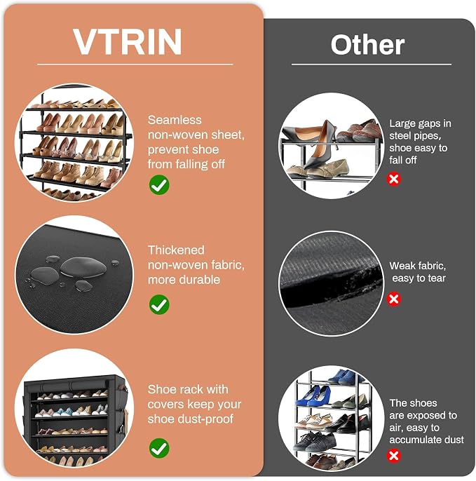 VTRIN Tall Shoe Rack with Cover, 10 Tier Shoe Organizer Storage for 50-55 Pairs Shoes and Boots Large Capacity Shoe Shelf with 8 Pockets Free Standing Shoe Rack for Closet, Entryway, Garage