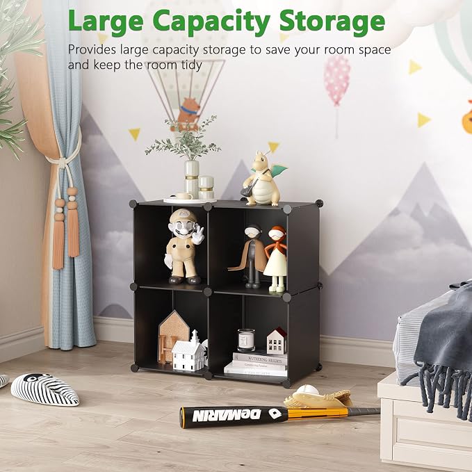 C&AHOME Plastic Cube Storage Organizer, 4-Cube Shelves Units, Black | DIY Modular Bookshelf, Portable Closet Organizers and Storage Ideal for Bedroom, Office, 24.8" L x 12.4" W x 24.8" H