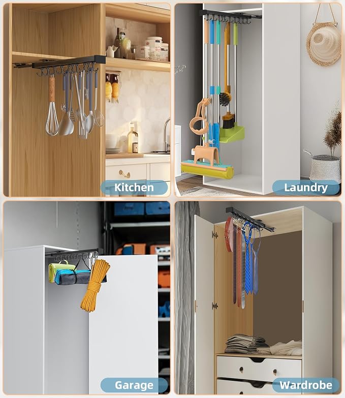 Pull Out Broom Holder With Adjustable Double Row Sliding Hook-Black 22in | High Load Capacity, Multifunctional Slide Broom And Mop Storage/Garage Organization Hooks, for Closet Laundry, kitchens