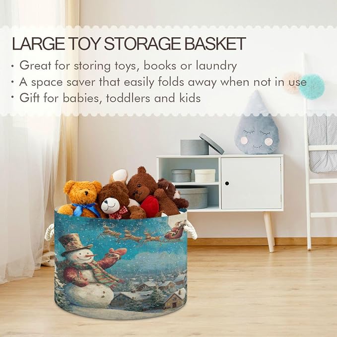 DOMIKING Large Storage Basket for Toys Santa Christmas Snowman Blue Print Storage Bin Box Kids Laundry Hamper for Playroom Nursery Clothes Home Decor