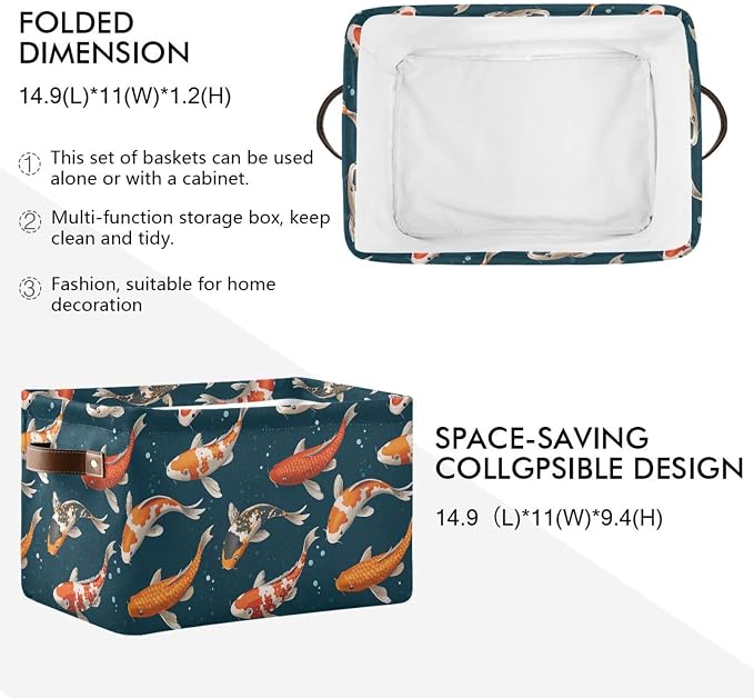 Foldable Storage Baskets, Koi Carps 3D Japanese Storage Bins with Handles, Decorative Cloth Organizer Storage Boxes for Home|Office 15 x 11 x 9.5 in