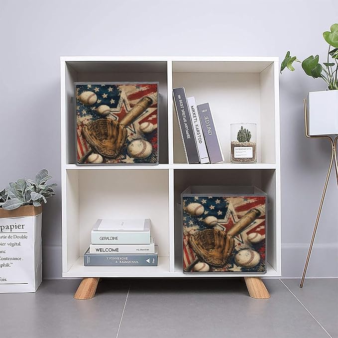 Baseball Glove Bat And Balls American Flag Design Storage Bin with Handles, Oxford Fabric Foldable Storage Cube Organizer for Clothes, Towels, Bedroom, Living Room, Home Organization