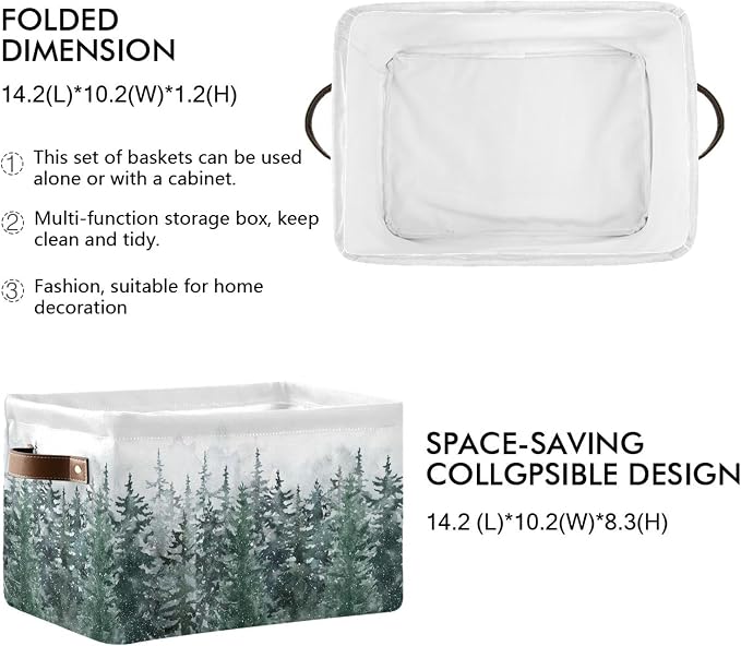 Winter Pine Forest Tree Storage Basket with Waterproof Liner and PU Handles Christmas Snow Scene Storage Bins Boxes 14.2" Collapsible Decorative Organizer Baskets for Bedroom Closet Office 1 Pack