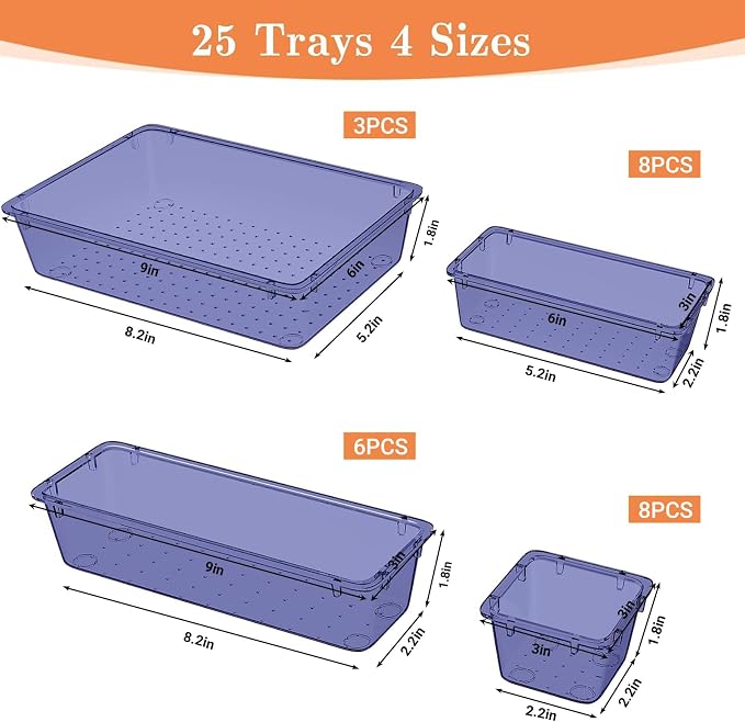 SpaceHacks 25 PCS Plastic Drawer Organizer, 4-Size Versatile Organizer Trays & storage Bins