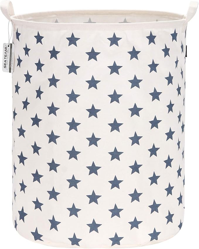 Sea Team Large Canvas Laundry Basket with Handles, Navy Stars | Collapsible Fabric Laundry Hamper, Closet Shelf Organizers, Containers for Clothing, Blankets, Toys, Bedding, 19.7 x 15.7”
