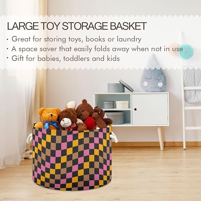 Wavy Checkered Print Collapsible Round Storage Basket with Handles | Colorful Retro Plaid Large Laundry Baskets Hamper, Clothes Organizer Bin for Bedroom Living Room Decor, 20x 20x 14 Inches