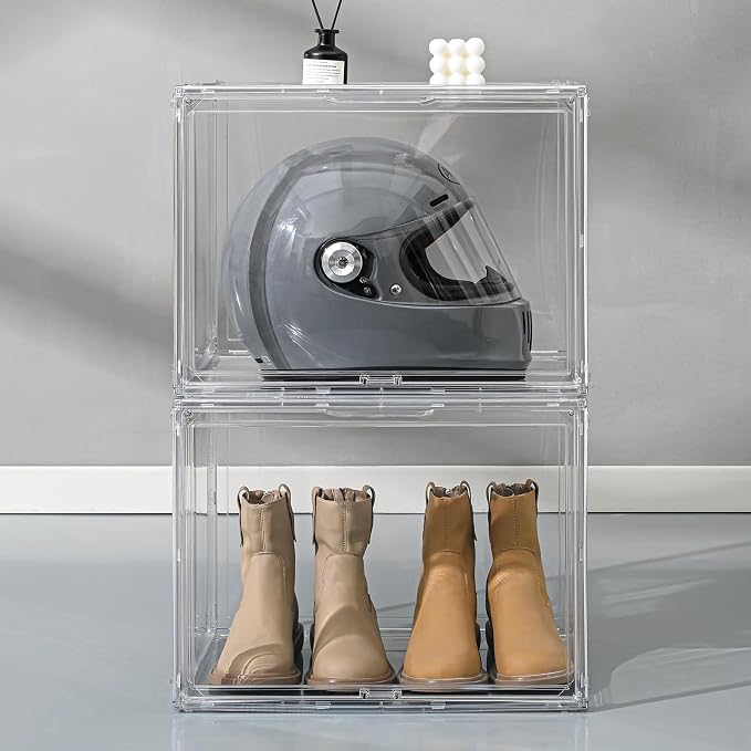 4 Pack XXX-Large Clear Display Case 17.7" x 13" x 13" Extra Large Display Organizer Box with Magnetic Door, Stackable Acrylic Storage Bin for Boots, Shoes, Collectibles, Bags, Figures