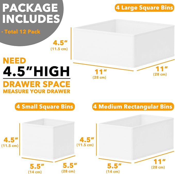 SpaceAid Drawer Organizer Clothes, 12 Pack Dresser Organizer Bins for Nursery, Closet Organization and Storage Dividers for Clothing, Baby Clothes, Underwears, Socks (White)