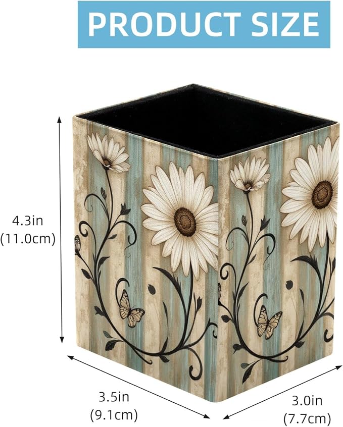 Flowers on Vintage Wooden Boards Pen Holder for Desk Decor, Rectangular PVC Leather Pencil Cup for Desk Pen Organizer, Makeup Brush Holder for School, Home, Office
