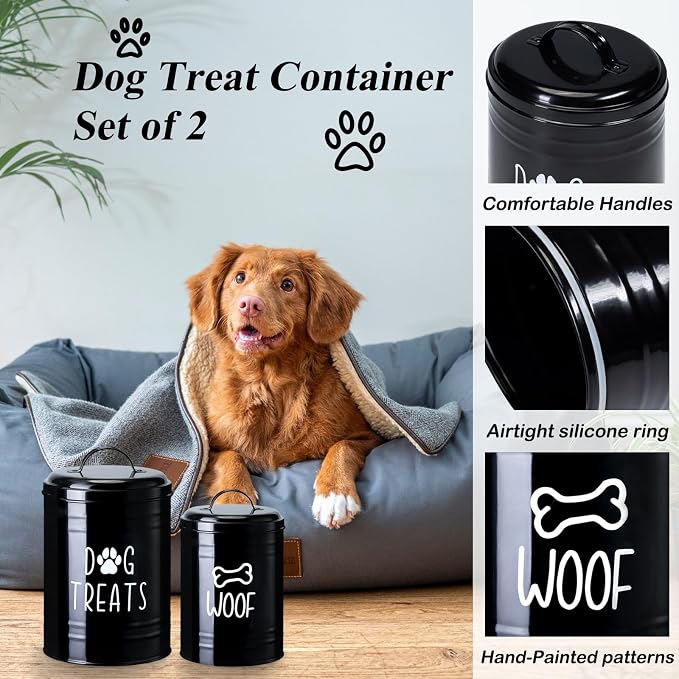 Dog Treat Container Airtight, Dog Treat Jar Set of 2 with Lid - 9x5.5''&7x4'' Metal Dog Cookie Jar for Farmhouse Kitchen Counter, Black Treat Jars for Pets, Treat Storage Container for Dogs, Cats | Large Capacity Dog Treat Jar Suitable All Popular Trea...