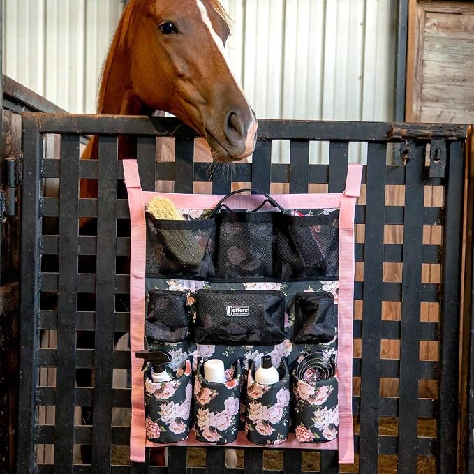Jeffers Expression Trailer Door Horse Grooming Caddy, Easy Hang Portable Equestrian Organizer, Mesh Pockets, Zippered Compartment, Padded Pockets for Brushes, Water Bottle, Accessories - Rose Garden