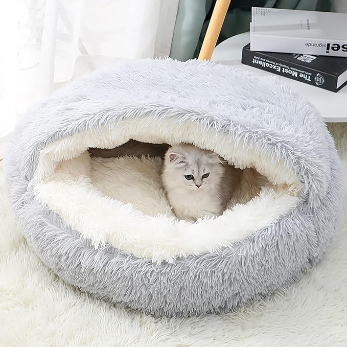 15.8'' Soft Round Plush Faux Fur Pet Bed for Cats or Small Dogs, Anti-Anxiety Cat Bed Puppy Bed, Washable Fluffy Anti-Slip Mute Base, Soft Pet Round Bed, Snooze Sleeping Cozy Kitty Kennel