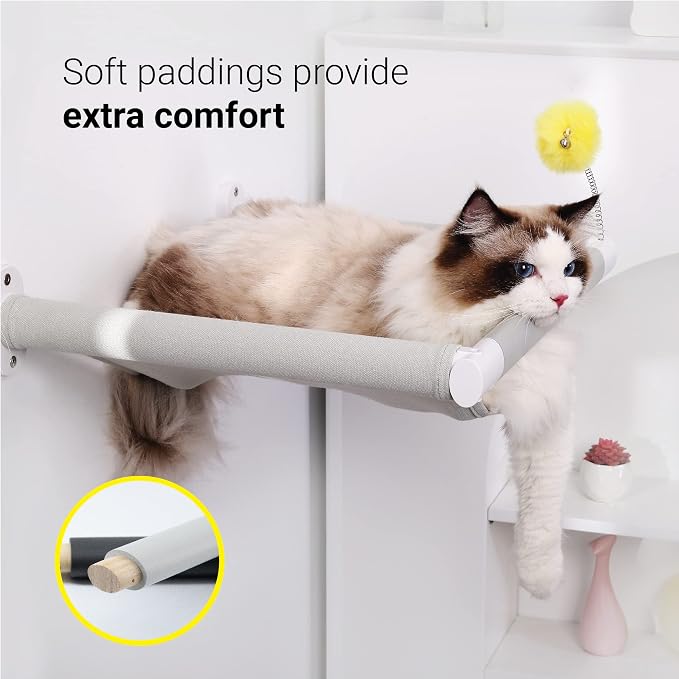 Cat Hammock Wall Mounted with Toy, Soft Padded & Comfortable Cover, Modern Design Premium Cat Furniture Shelf, Supports up to 40 lbs (Comfy Plus, White)