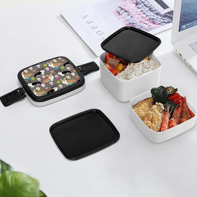 Cute Corgi Pet and Milk Tea Double Layer Bento Box, 1000ml Stackable Leakproof Lunch Container with Spoon, Portable 2-Tier Food Storage Box for Office Work Picnic Camping and Travel