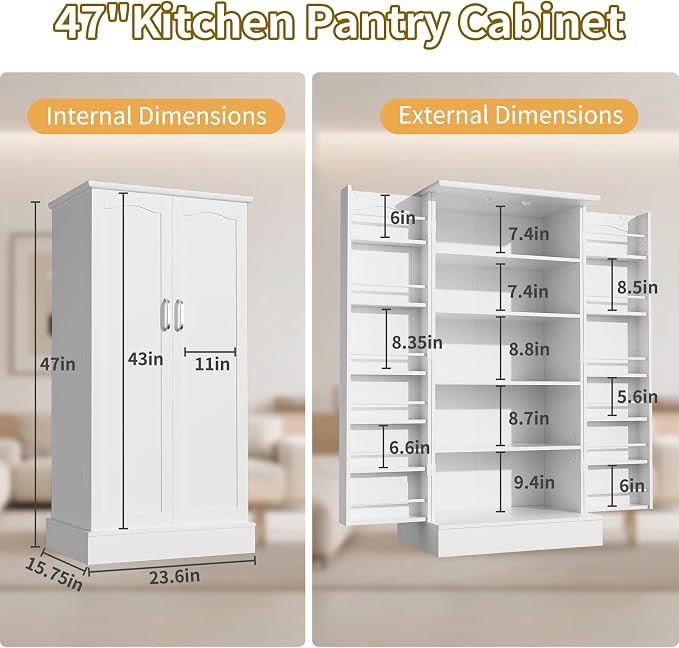 Saudism 47" Dog Food Storage Cabinet with Doors and Adjustable Shelves, Freestanding Pet Storage Container Organizer for Living Room and Dinning Room, White