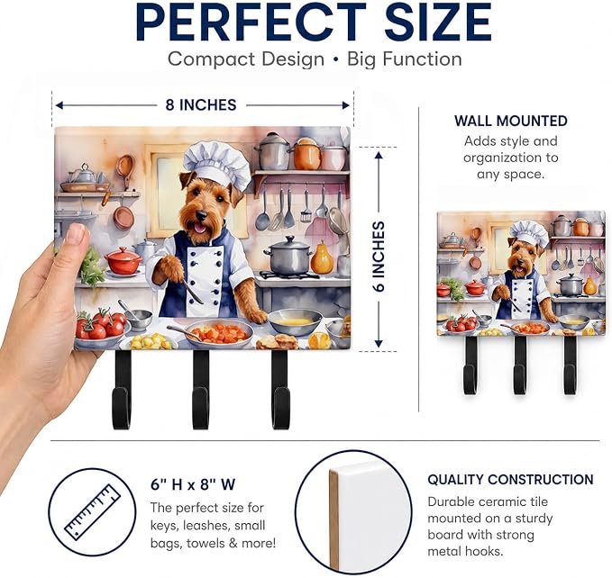 Caroline's Treasures Welsh Terrier The Chef Leash or Key Holder Wall Hooks, Key Hooks Holder, Coat Rack Wall Mount, Coat Hooks, Hooks for Hanging Keys, Towels, Aprons, Leashes | Welsh Terrier The Chef artwork on ceramic tile with three steel hooks for ...