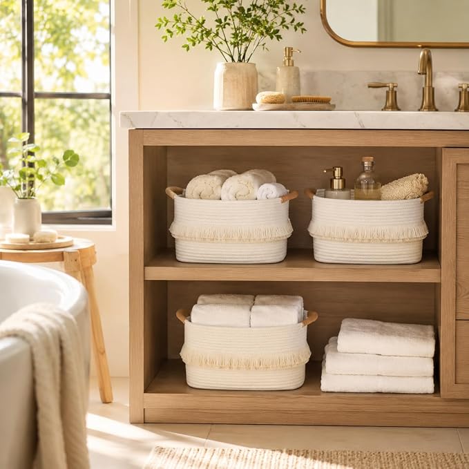 Storage Basket, Woven Baskets for Shelves, White Basket | 3 Pack Boho Cotton Rope Storage Baskets, 14" x 9" x 8", Home Organizer for Nursery, Holds Toys, Books & Towels