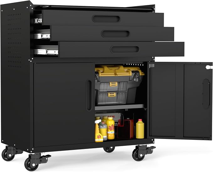 Garage Storage Cabinet, Metal Rolling Tool Cabinet with 2 Pegboard and 10 Hook, Heavy Duty Mechanics Tool Chest Storage for Workshop, Basement, Warehouse, Include Workbench Liner, Black