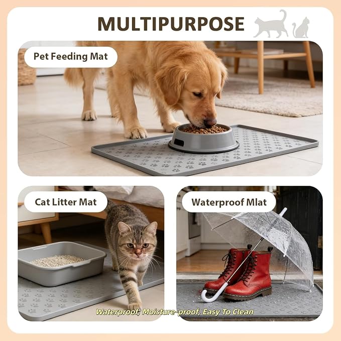 Waterproof Silicone Under Sink Mat Pet Cat Puppy Essentials，Kitchen and Bathroom, Cabinet and Counter Protectors, Storage and Organizer (Light Gray, 19'' x 12'')