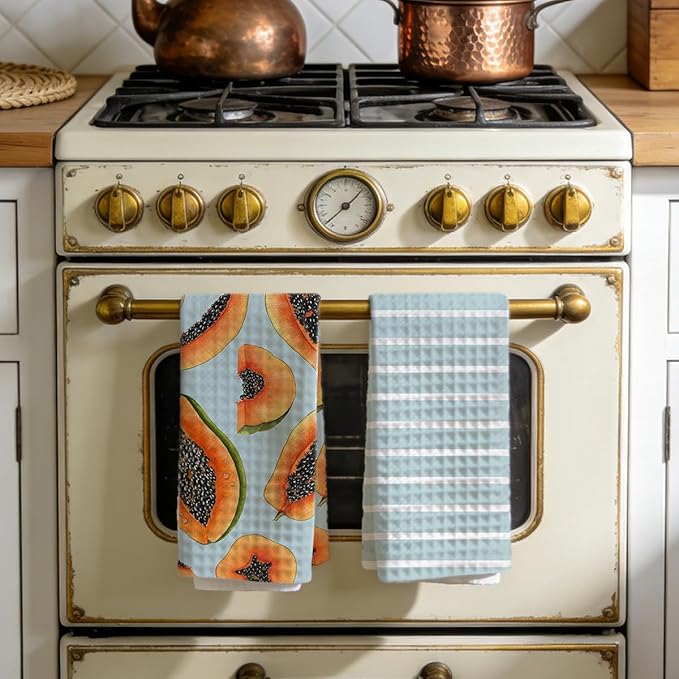 Papaya and Blue Stripes Kitchen Towels, Quick Dry Multipurpose Waffle Weave Hand Towels for Bathroom, Absorbent Reusable Cloth Tea Dish Towels for Home Decor, Papaya Lover Gift Towel Set of 2