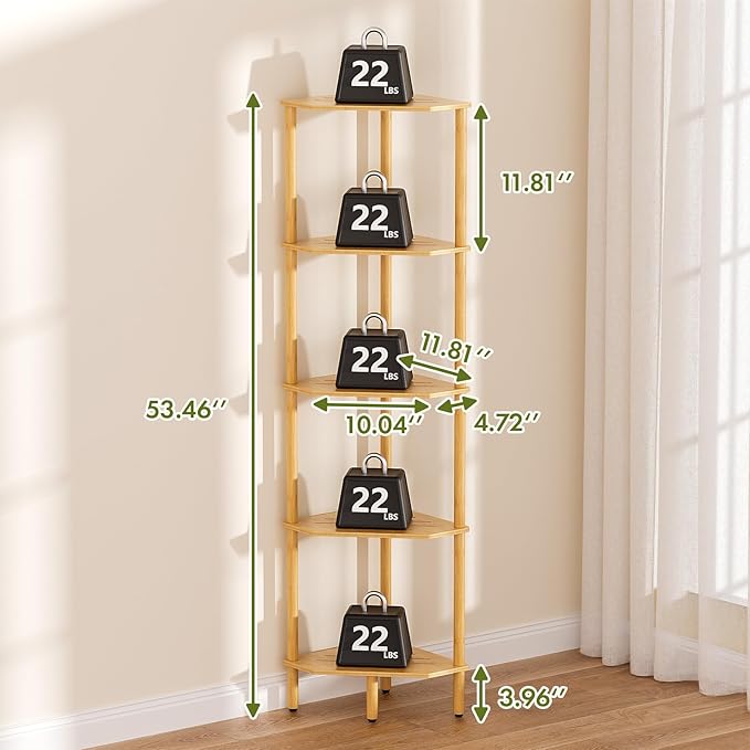Corner Shelf, 5 Tier Bamboo Corner Bookshelf, 54" Tall Narrow Bookcase, Plant Stand, Corner Display Rack, Shower Caddy, Display Standing Shelf Organizer for Bedroom, Living Room, Kitchen, Apartment