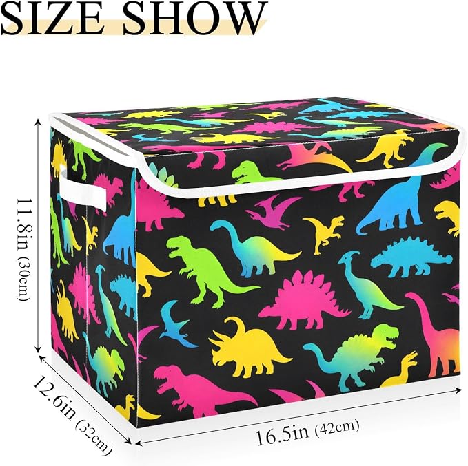Storage Bins with Lid Colorful Dinosaurs Foldable Storage Boxes 40L Baskets | Decorative Storage Boxes, 300D Oxford Cloth, Hollow Board Frame, Flip Top Velcro Lid, 16.5x12.6x11.8 inch, Collapsible Design