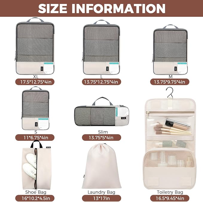 BAGAIL 4 Set/6 Set/8 Set Compression Packing Cubes Travel Accessories Expandable Packing Organizers (Half Mesh, 8-Beige)