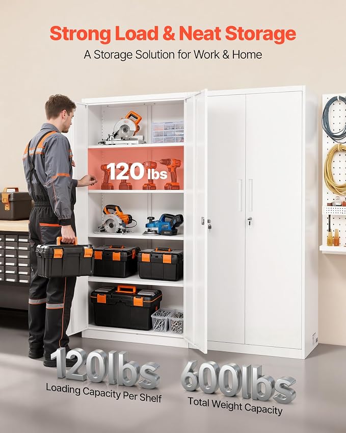 VEVOR Metal Storage Cabinet, Lockable Steel Garage Cabinet with Adjustable Shelves, 2 Magnetic Doors, 2 Keys, 5-Tiers Tool Storage Locker for Home, Office, School, Warehouse, Basement, Laundry, White