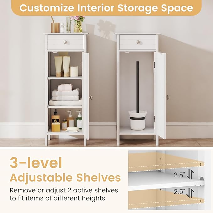 GLACER Floor Storage Cabinet, Bathroom Storage Cabinet (White) | 2 Adjustable Shelves | Ideal for Bathroom, Living Room | 14 x 12 x 34.5 inches